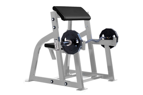 Black Hammer Strength seated arm curl machine with padded seat, barbell weight plate, and curved handles on white background