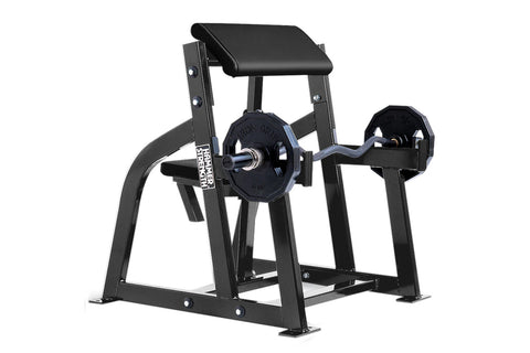 Black Hammer Strength seated arm curl machine with padded seat, barbell weight plate, and curved handles on white background