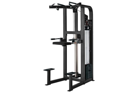 Hammer Strength Select Assist Dip Chin machine with black frame, pull-down bar, footrest, and weight stack on white backgroun