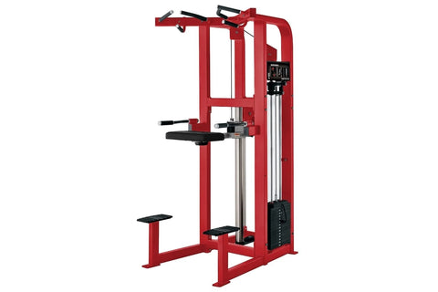 Hammer Strength Select Assist Dip Chin machine with black frame, pull-down bar, footrest, and weight stack on white backgroun