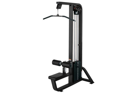 Black Hammer Strength Select lat pulldown machine with chrome column, overhead pull bar, and padded seat on white background
