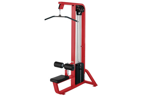 Black Hammer Strength Select lat pulldown machine with chrome column, overhead pull bar, and padded seat on white background