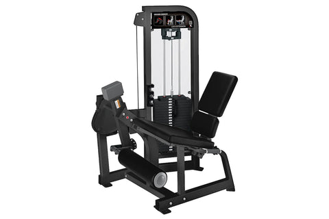 Hammer Strength Select black leg extension machine with padded seat and leg rest, displayed on white background