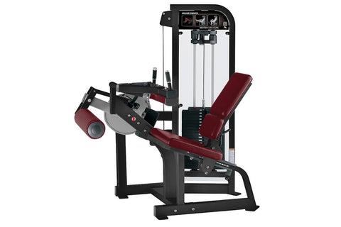 Hammer Strength Select Seated Leg Curl machine with burgundy padded seat and leg extension, black frame, and weight stack on 