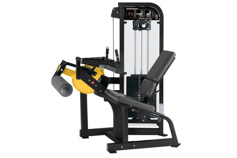 Hammer Strength Select Seated Leg Curl machine with burgundy padded seat and leg extension, black frame, and weight stack on 