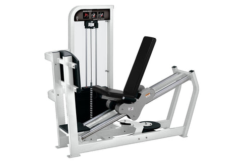 Hammer Strength Select Seated Leg Press machine with black frame, silver metallic rails, and cushioned seat pad on white back