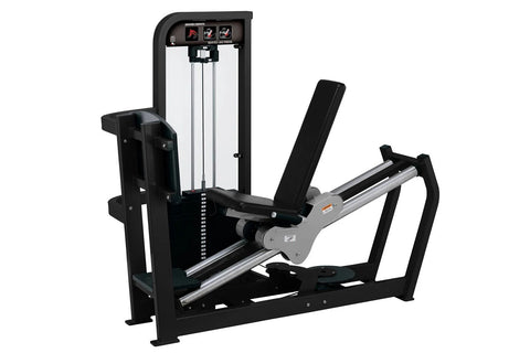 Hammer Strength Select Seated Leg Press machine with black frame, silver metallic rails, and cushioned seat pad on white back