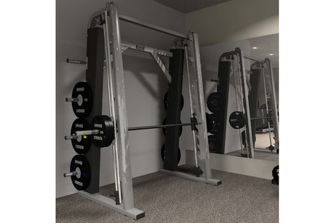 Hammer Strength Smith Machine with black frame, white guide rods, and adjustable barbell on white background