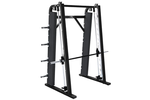 Hammer Strength Smith Machine with black frame, white guide rods, and adjustable barbell on white background