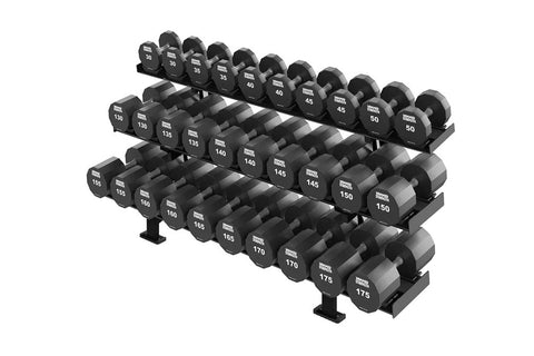 Hammer Strength three-tier black dumbbell rack holding numbered dumbbells ranging from 30 to 175 pounds on white background