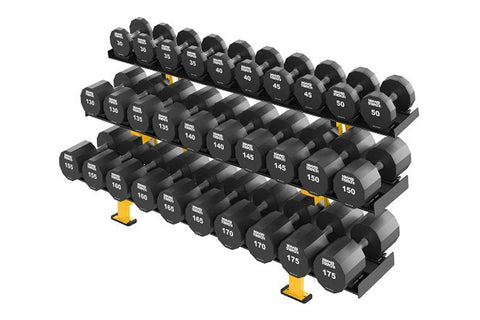 Hammer Strength three-tier black dumbbell rack holding numbered dumbbells ranging from 30 to 175 pounds on white background