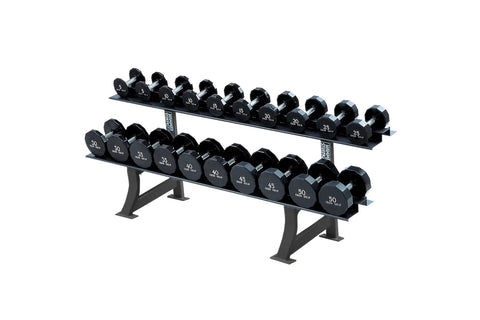 Two-tier black dumbbell rack with spiked platforms and sturdy support frame on white background