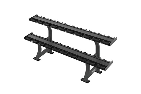 Two-tier black dumbbell rack with spiked platforms and sturdy support frame on white background