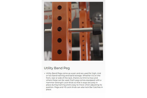 Orange utility band peg with black holes and silver locking knob inserted into orange weight rack