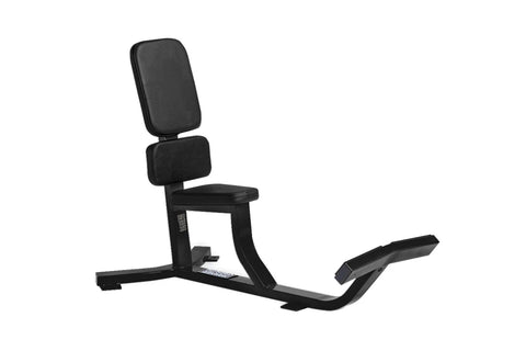 Black leg extension and seated press utility bench with padded backrest and seat on white background