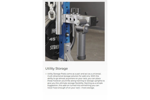 Hammer Strength utility storage post attachment with stainless steel clamp mounted on blue upright rack beside weight plate
