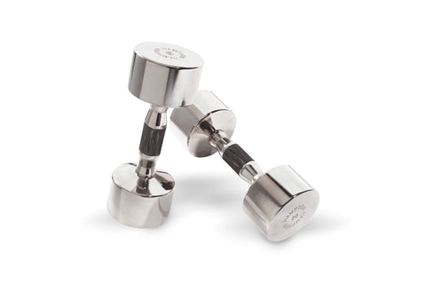 Pair of chrome dumbbells with black contoured grips and cylindrical weights on white background