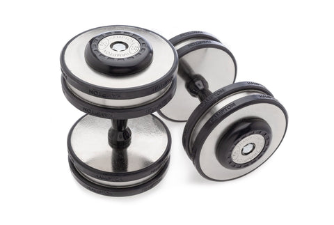 Pair of Hampton Eclipse Pro-Style dumbbells with chrome and black rubber construction on white background