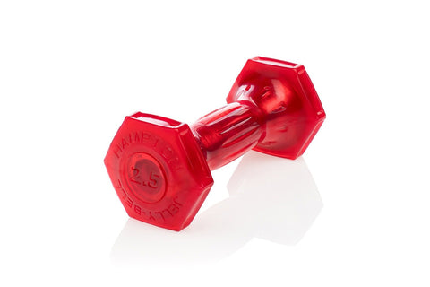 Colorful translucent urethane dumbbells in red, orange, yellow, pink, purple, blue, and green arranged on white background