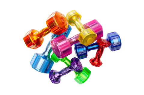 Colorful translucent urethane dumbbells in red, orange, yellow, pink, purple, blue, and green arranged on white background