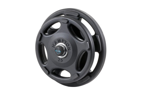 Black rubber-coated Olympic weight plates in various sizes with chrome center hubs, displayed on white background