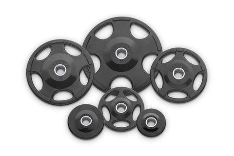 Black rubber-coated Olympic weight plates in various sizes with chrome center hubs, displayed on white background
