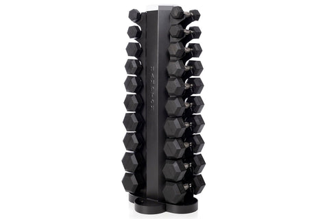 Pair of black hexagonal dumbbells with chrome handles, one marked 35 lbs, on white background