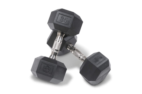 Pair of black hexagonal dumbbells with chrome handles, one marked 35 lbs, on white background