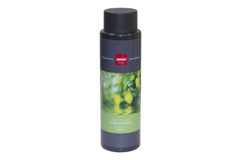 Harvia Birch sauna scent bottle with dark gray cap and label featuring yellow birch leaves reflected in water on white backgr