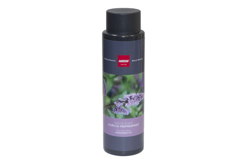 Harvia peppermint sauna scent bottle with purple label and black cap on white background