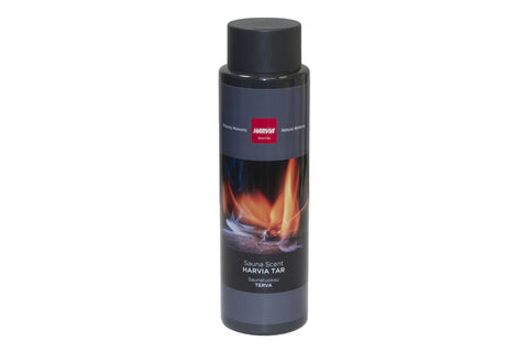Harvia Tar sauna scent bottle with black cap and dark gray label featuring flame imagery on white background