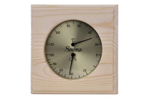 Harvia Basic sauna thermo-hygrometer with dual dial display mounted on light wood, showing temperature in Celsius and humidit