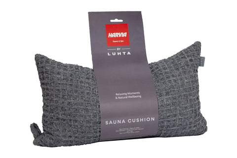 Harvia by Luhta charcoal gray sauna cushion made from cotton and linen, displayed with product packaging on white background