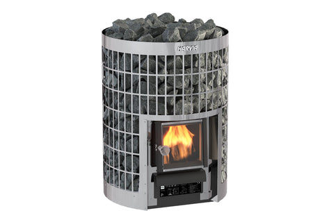 Harvia Cilindro 16 wood-burning sauna stove heater with stainless steel grid cage, black firebox with visible flames, and gra