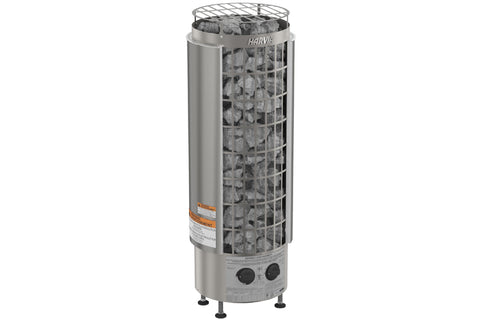 Harvia Cilindro electric sauna heater with stainless steel body, protective grid cage filled with gray stones, and two black 