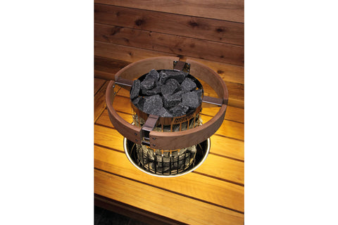 Harvia Cilindro steel embedding flange with polished metal finish and integrated rim, shown on white background