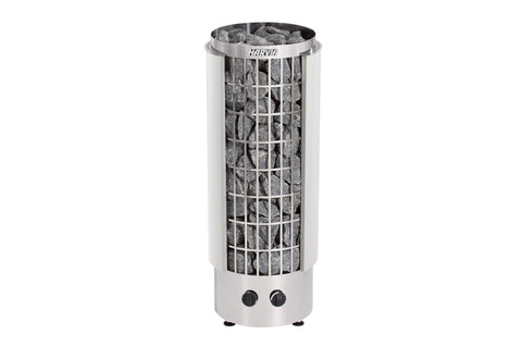 Harvia Cilindro electric sauna heater with stainless steel body, protective grid cage filled with gray stones, and two black 
