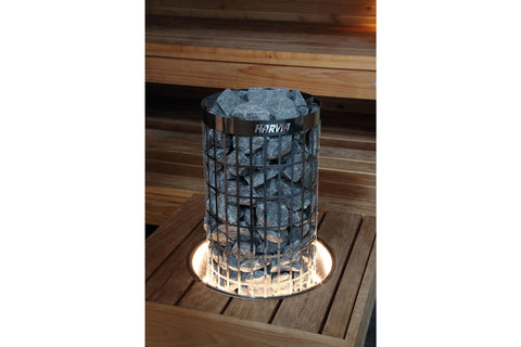 Harvia Cilindro stainless steel round embedding flange with LED strip, shown with white control box, black driver unit, and w