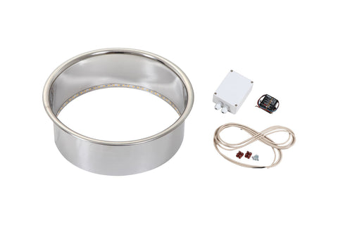 Harvia Cilindro stainless steel round embedding flange with LED strip, shown with white control box, black driver unit, and w
