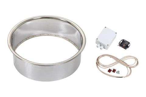 Harvia Cilindro illuminated embedding flange kit with stainless steel rim, white junction box, wiring harness, and connector 