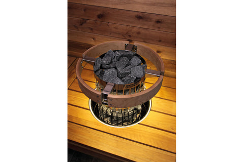 Harvia Cilindro illuminated safety railing with wooden frame, stainless steel hardware, control unit, and mounting bracket on