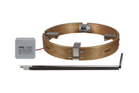 Harvia Cilindro illuminated safety railing with wooden frame, stainless steel hardware, control unit, and mounting bracket on