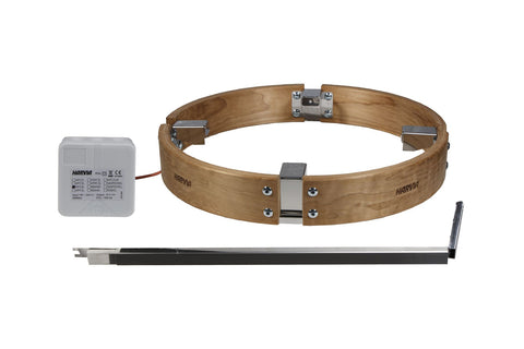 Harvia Cilindro wooden safety railing with chrome hardware, control unit, and heating element on white background