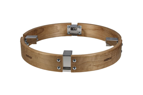 Harvia Cilindro wooden safety railing with chrome metal connectors and fasteners on white background