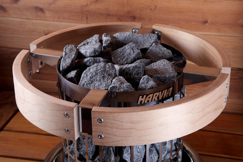 Harvia Cilindro heat-treated birch sauna railing with stainless steel hinged brackets and fasteners on white background