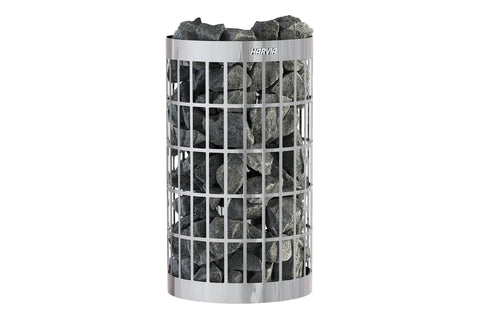 Harvia Cilindro cylindrical sauna heater with stainless steel mesh basket filled with dark grey rocks, on white background