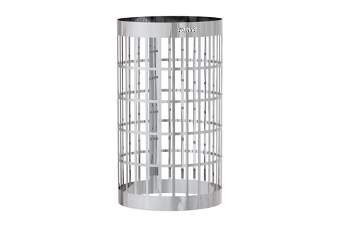 Harvia Cilindro cylindrical sauna heater with stainless steel mesh basket filled with dark grey rocks, on white background