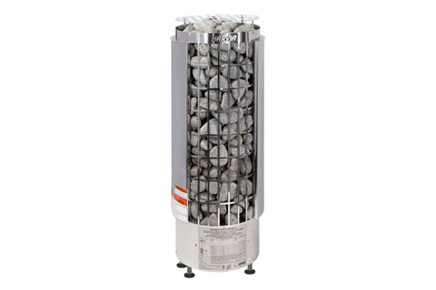 Harvia Cilindro sauna heater package with gray cylindrical unit filled with stones, digital control panel with red display, M