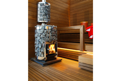 Harvia Cilindro stainless steel sauna water heater with cylindrical design, shown with spout and black hose on white backgrou