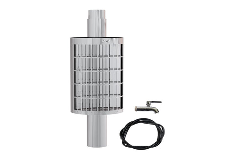 Harvia Cilindro stainless steel sauna water heater with cylindrical design, shown with spout and black hose on white backgrou